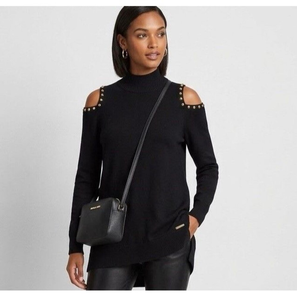 MICHAEL Michael Kors Cold Shoulder Studded Mock Neck Sweater Tunic Black M